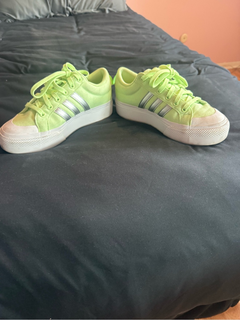 adidas Lime Green Canvas Platform Sneakers with Silver Stripes